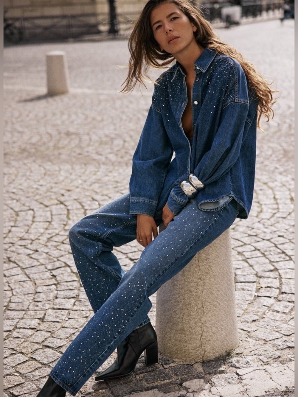Zara Rhinestone Jeans XS 24 High Rise Straight Leg Blue Y2K Sparkle